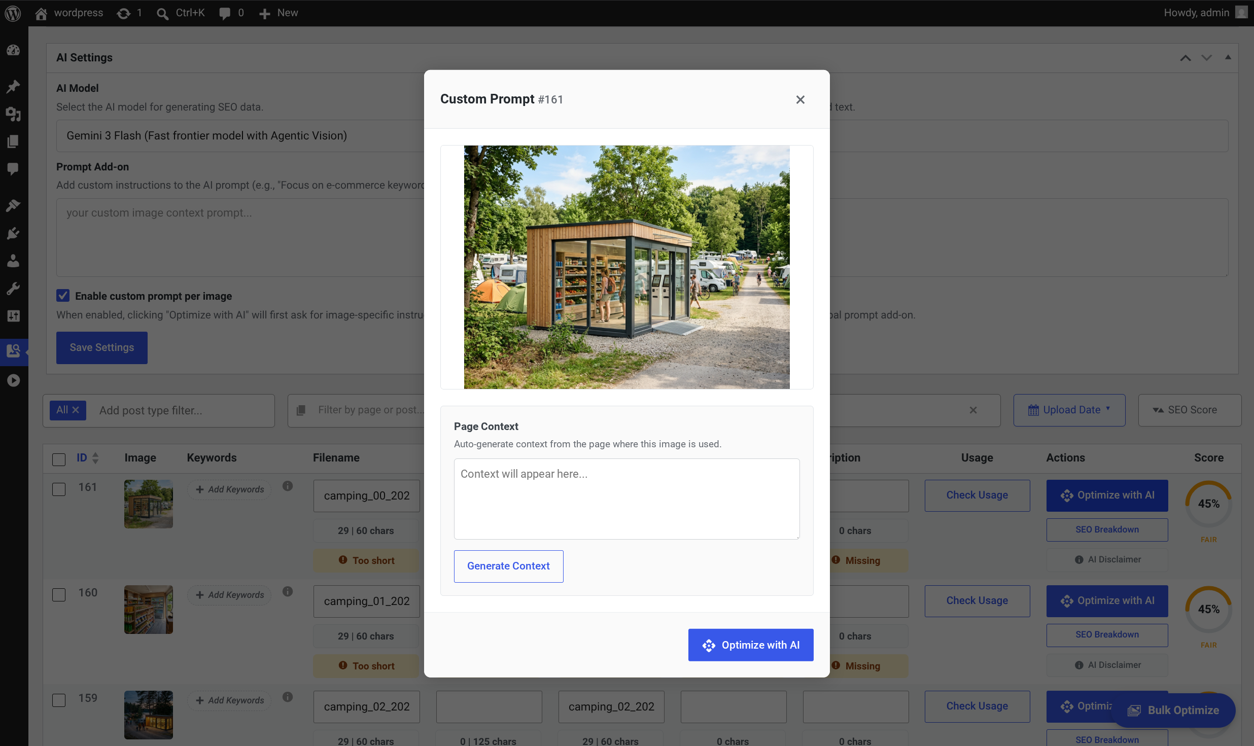Custom prompt modal in the image seo optimizer wordpress plugin interface displaying page context.
