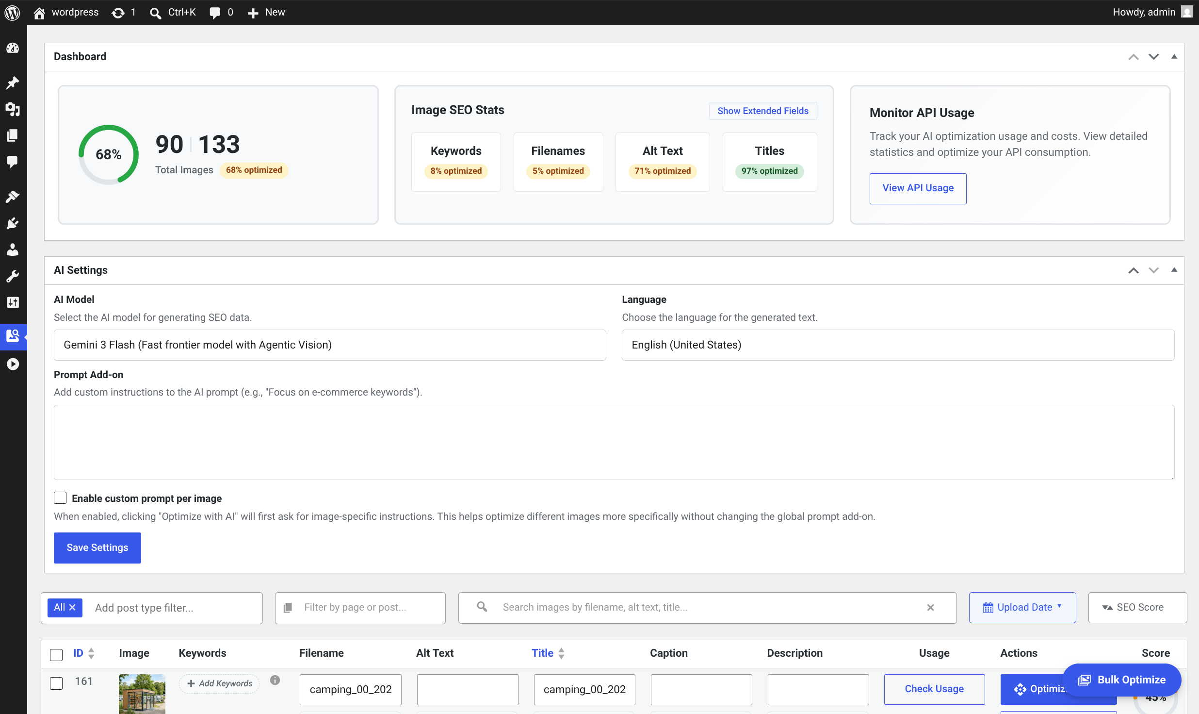Image SEO plugin stats and AI optimization settings displayed in the WordPress dashboard interface.
