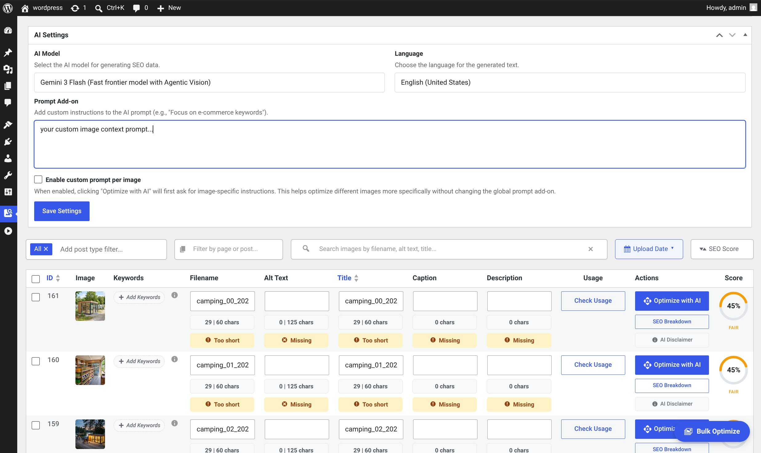 WordPress image seo dashboard displaying ai metadata generation settings and media library seo scoring.