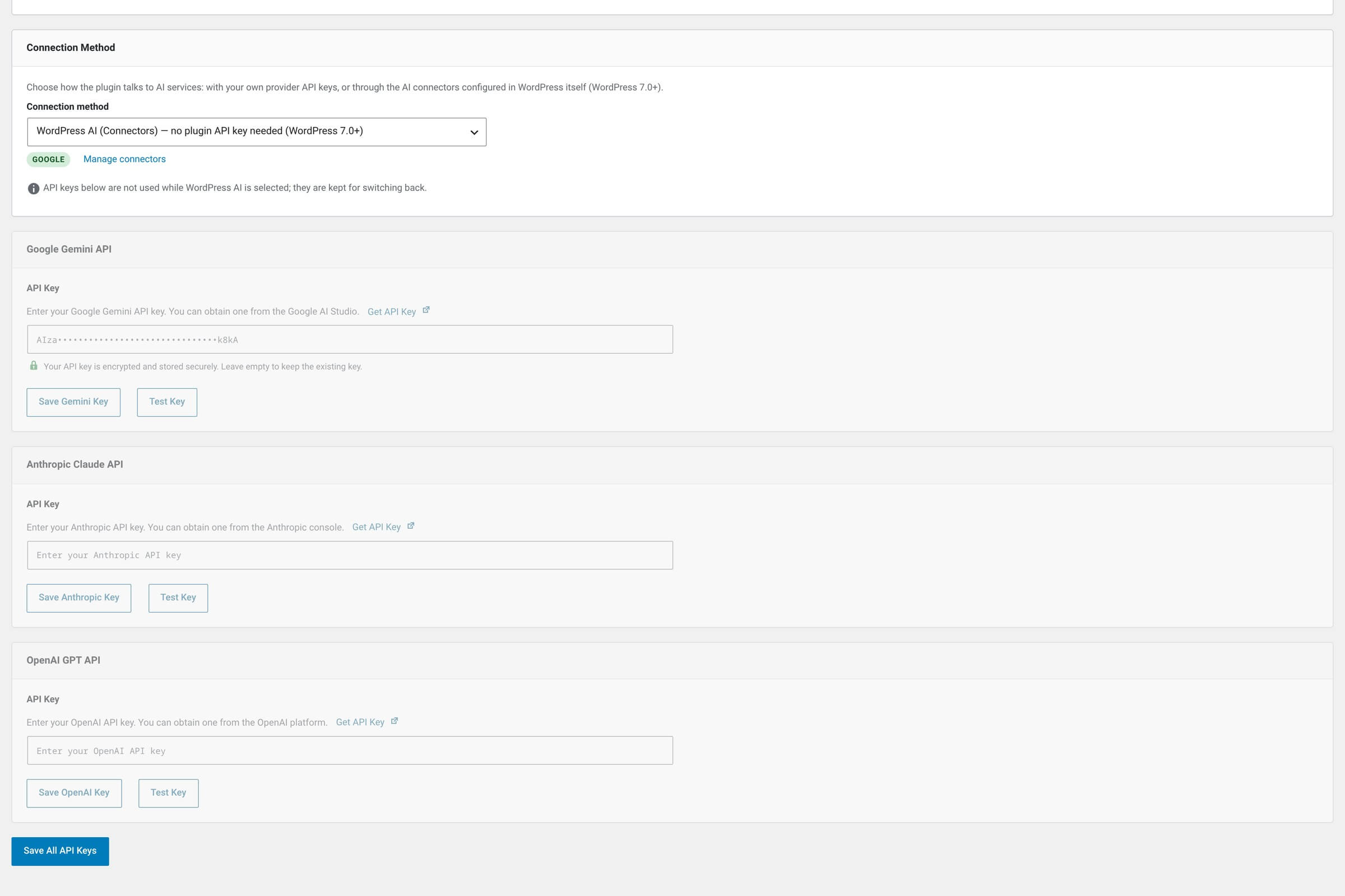 API Keys page with the Connection Method select set to WordPress AI (Connectors), a green connector badge beside it, and the provider key cards dimmed below.