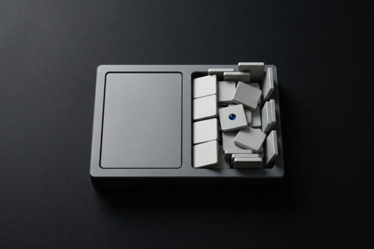 Two slots in a gray tray, one holding a single flush plate, the other crammed with tilted tiles, one tile carrying a blue lens