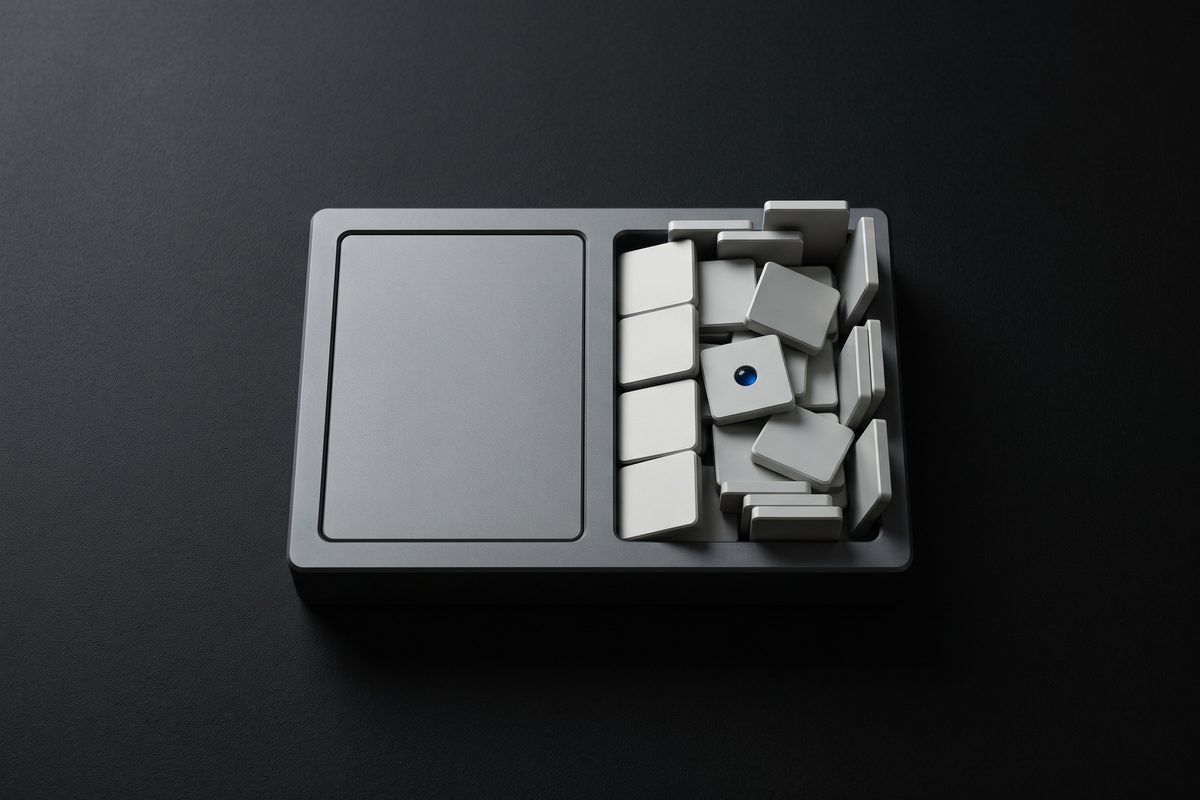 Two slots in a gray tray, one holding a single flush plate, the other crammed with tilted tiles, one tile carrying a blue lens