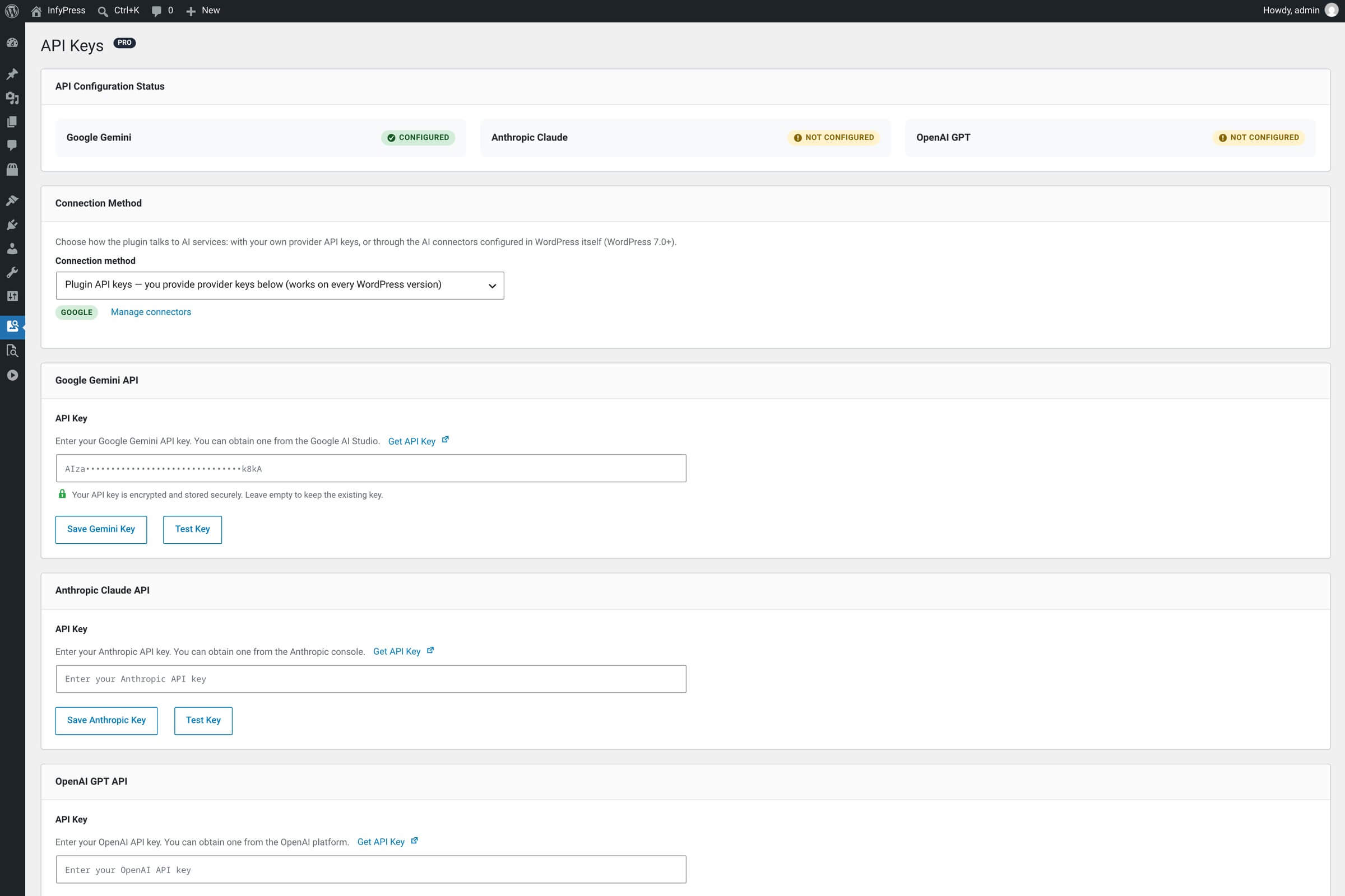 API Keys page: API Configuration Status card with Configured and Not Configured badges, the Connection Method select, and one card per provider with Save and Test Key buttons.