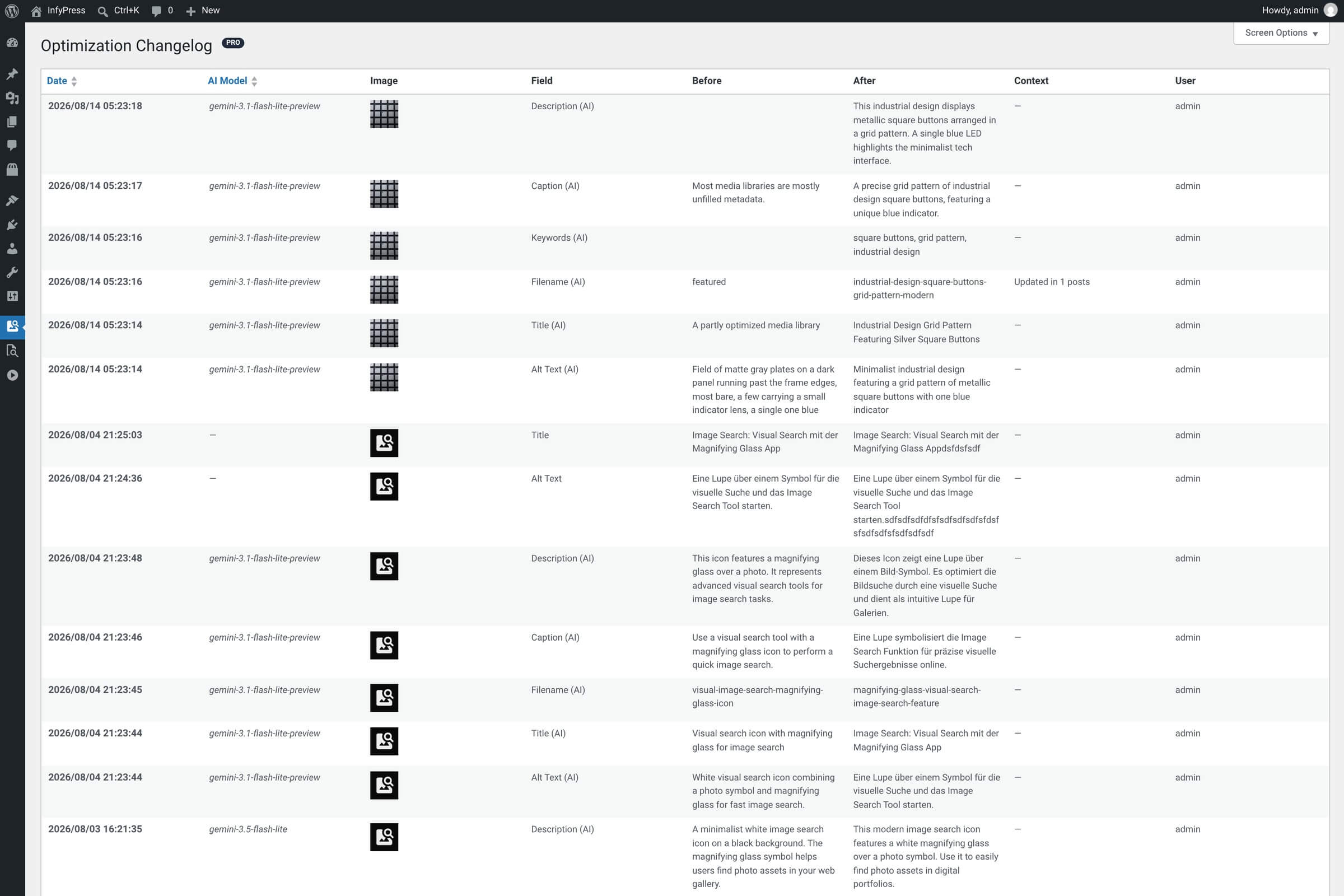 Change History page: a list table with columns Date, AI Model, Image, Field, Before, After, Context, User. Date column is sorted DESC by default. Some rows show an AI Model name; others (manual edits) show an empty AI Model column.