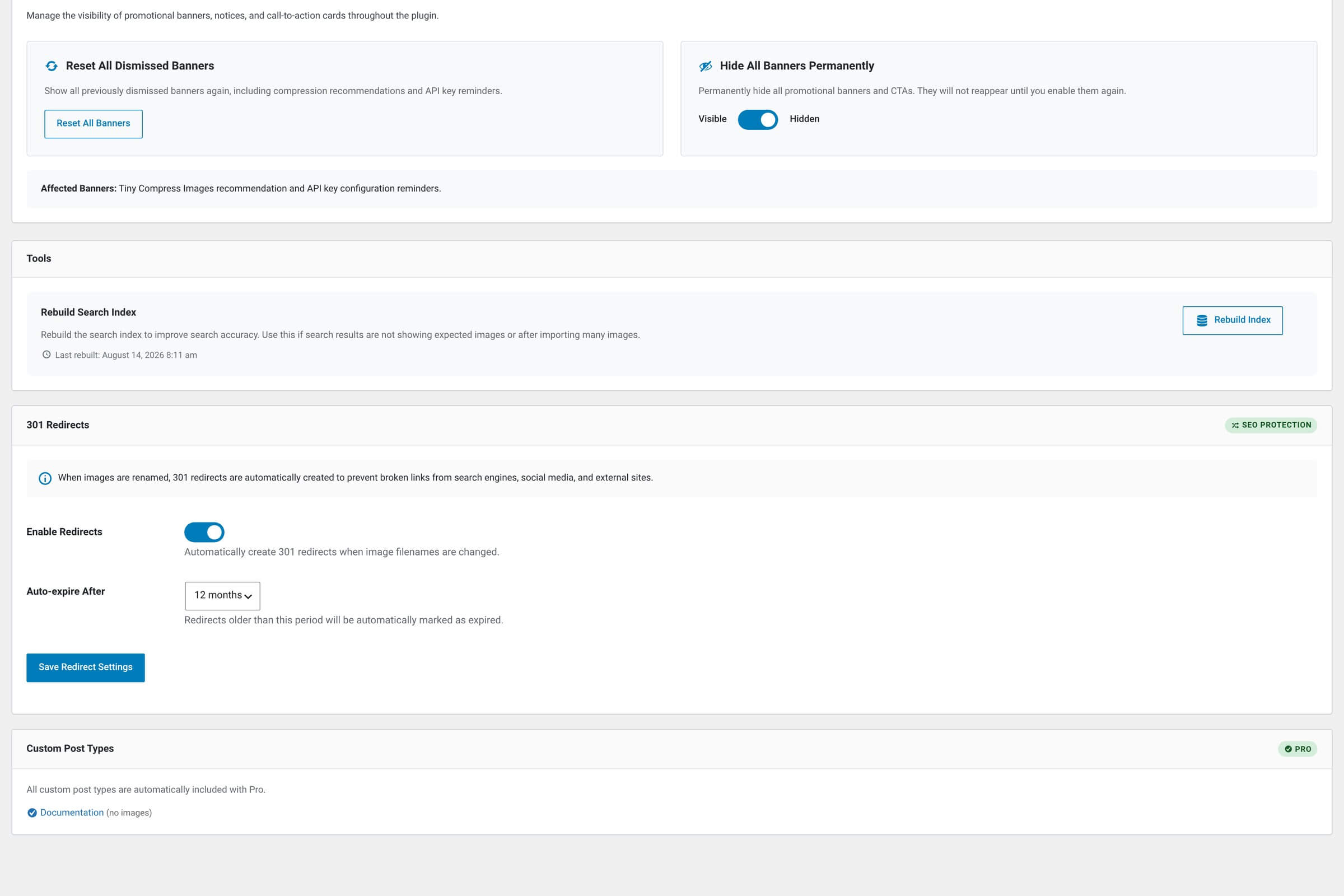 Custom Post Types card on the Settings page with a Pro badge, the line 'All custom post types are automatically included with Pro', and one checkmarked entry per public post type with its image count, such as Portfolio (412 images) and Product (no images).