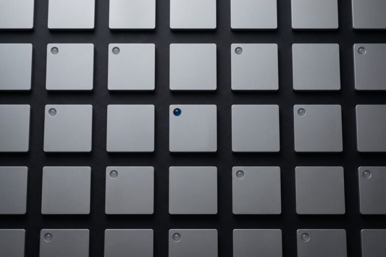 Field of matte gray plates on a dark panel running past the frame edges, most bare, a few carrying a small indicator lens, a single one blue