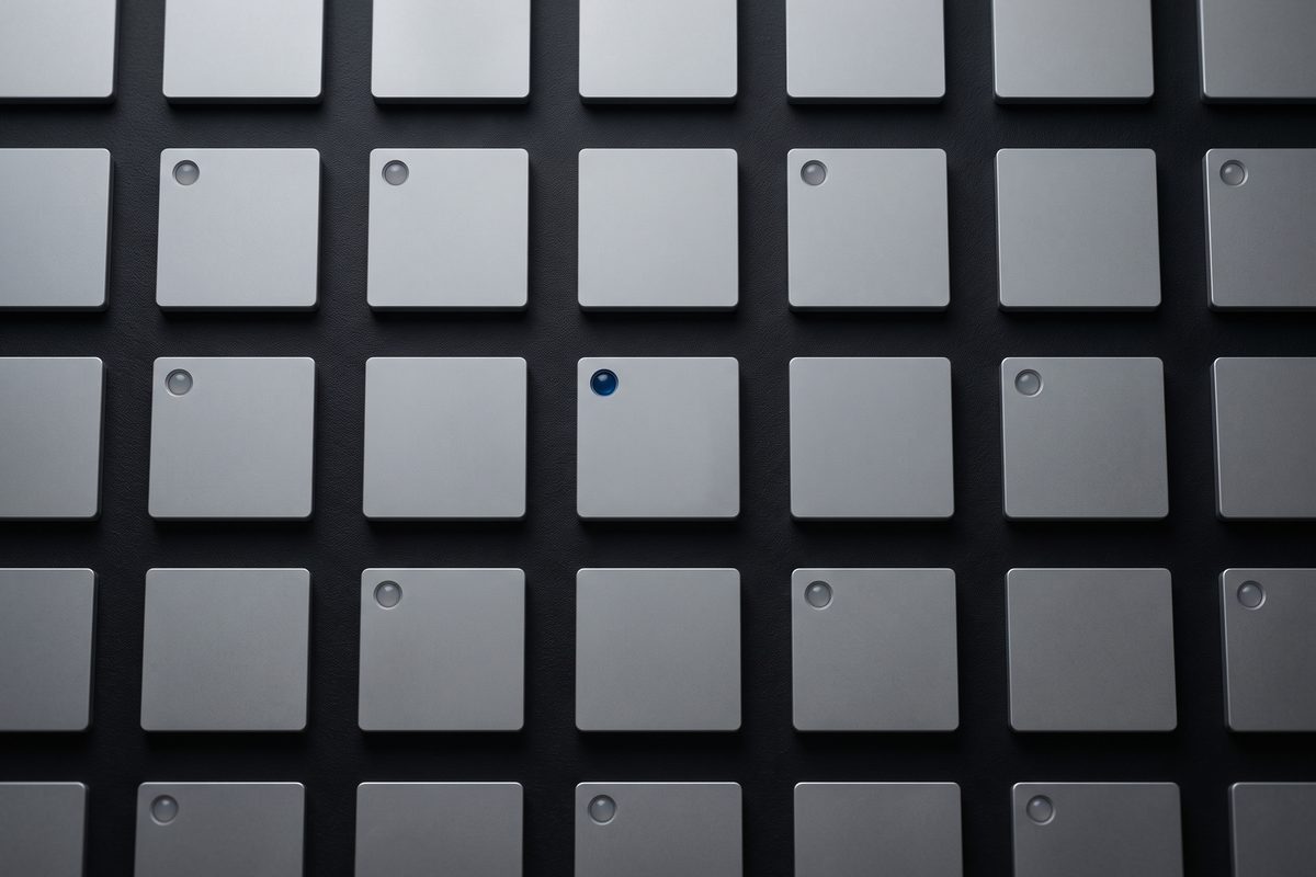 Field of matte gray plates on a dark panel running past the frame edges, most bare, a few carrying a small indicator lens, a single one blue