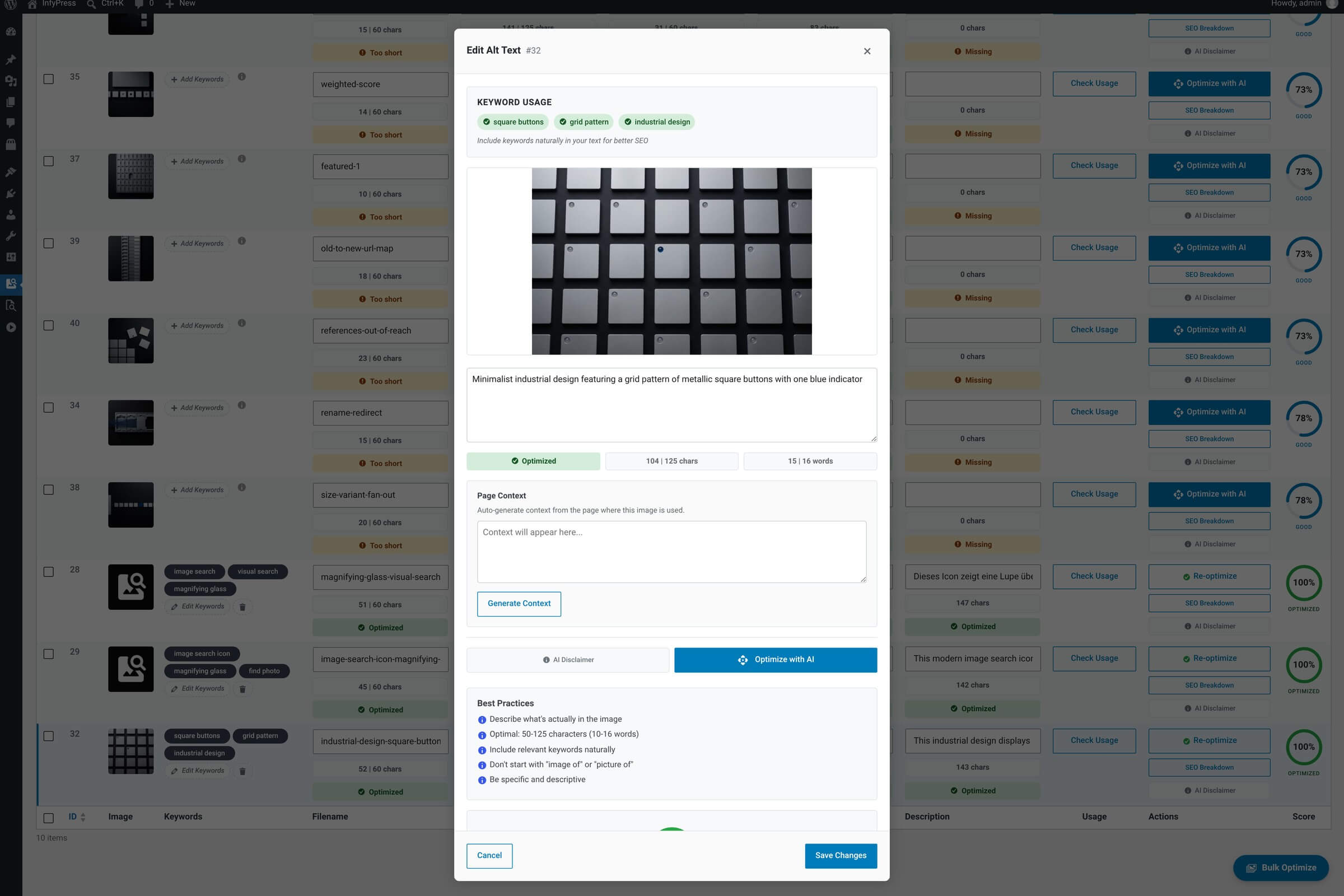 Alt Text editor modal: full image preview at top, multi-line textarea for the alt attribute, three metric circles (keywords, characters, words), the overall SEO score for this field, and Optimize with AI / Save / Cancel buttons.