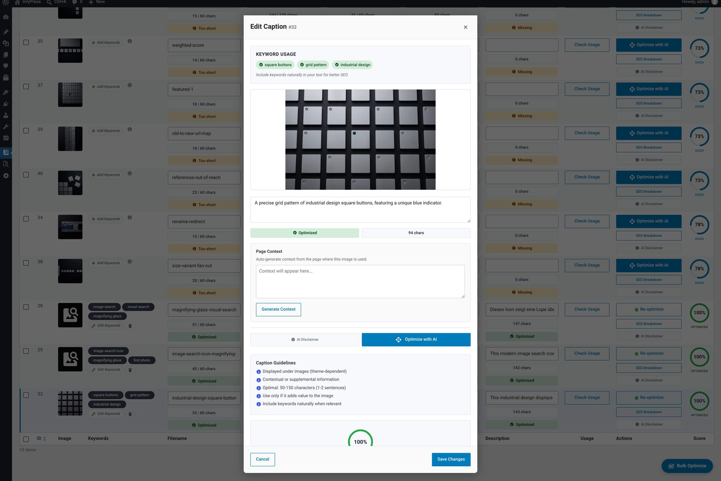 Caption editor modal: image preview at top, multi-line textarea for the caption, a character counter, the row's keyword chips for reference, and Optimize with AI / Save / Cancel buttons.
