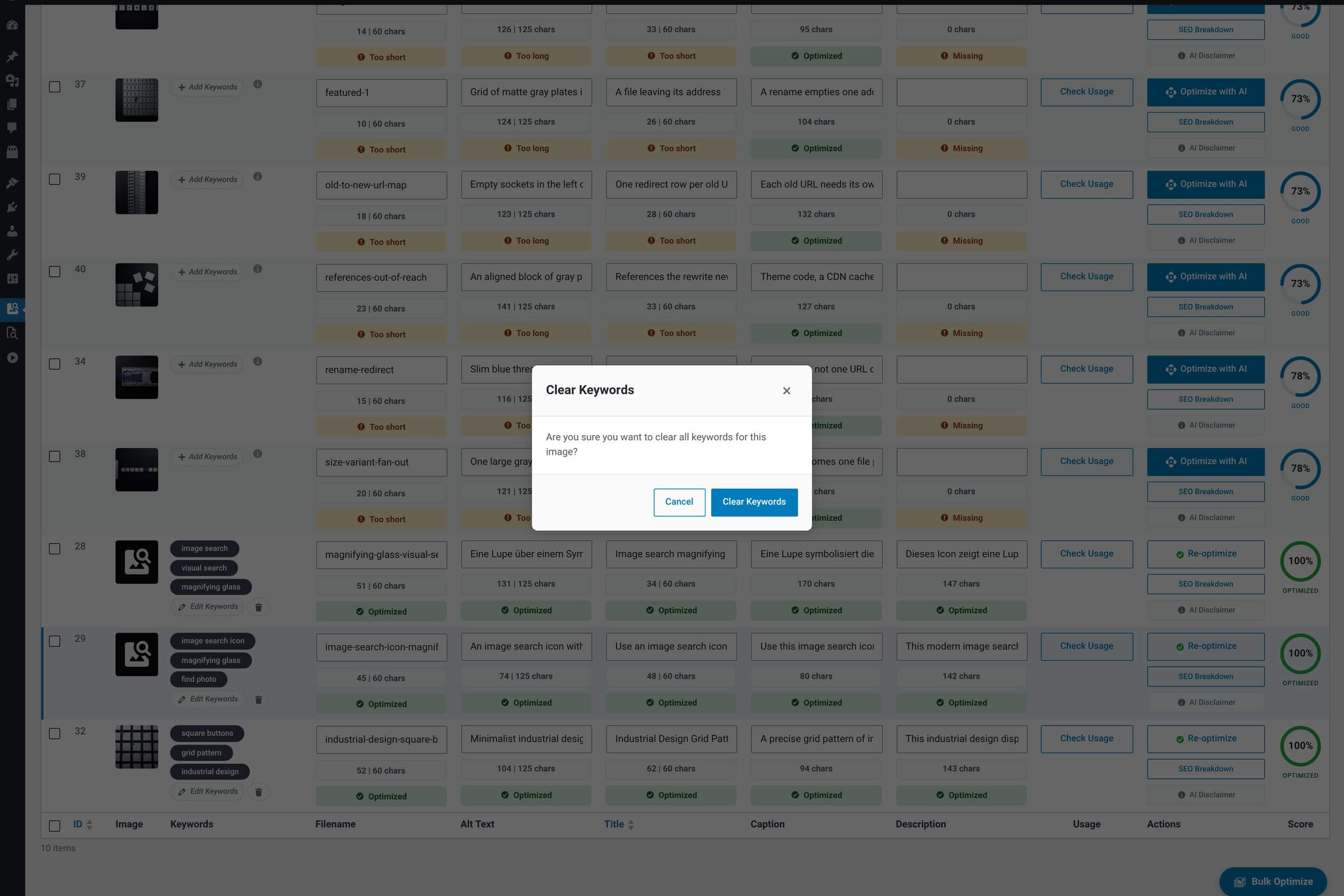 Clear Keywords confirmation dialog: a single message reading 'Are you sure you want to clear all keywords for this image?', with two buttons: Cancel and Clear Keywords.