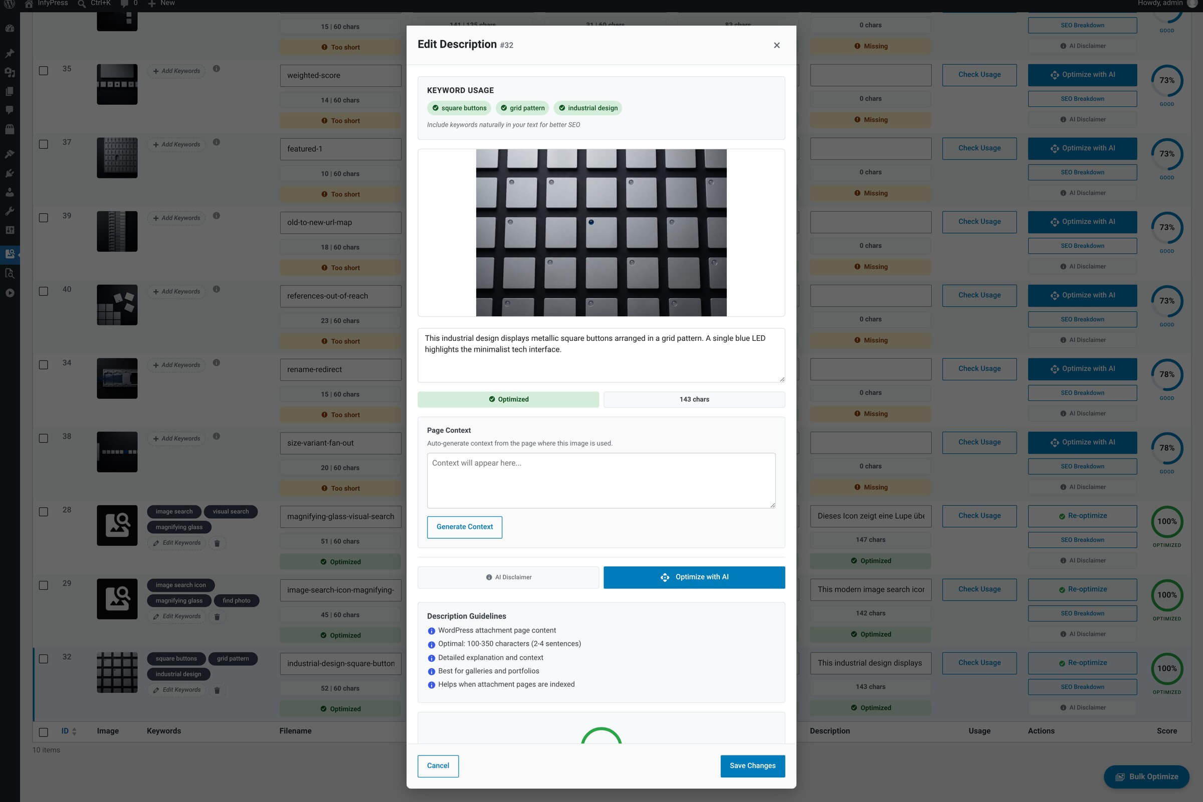 Description editor modal: image preview at top, a tall multi-line textarea for narrative copy, character counter, keyword chips for reference, and Optimize with AI / Save / Cancel buttons.