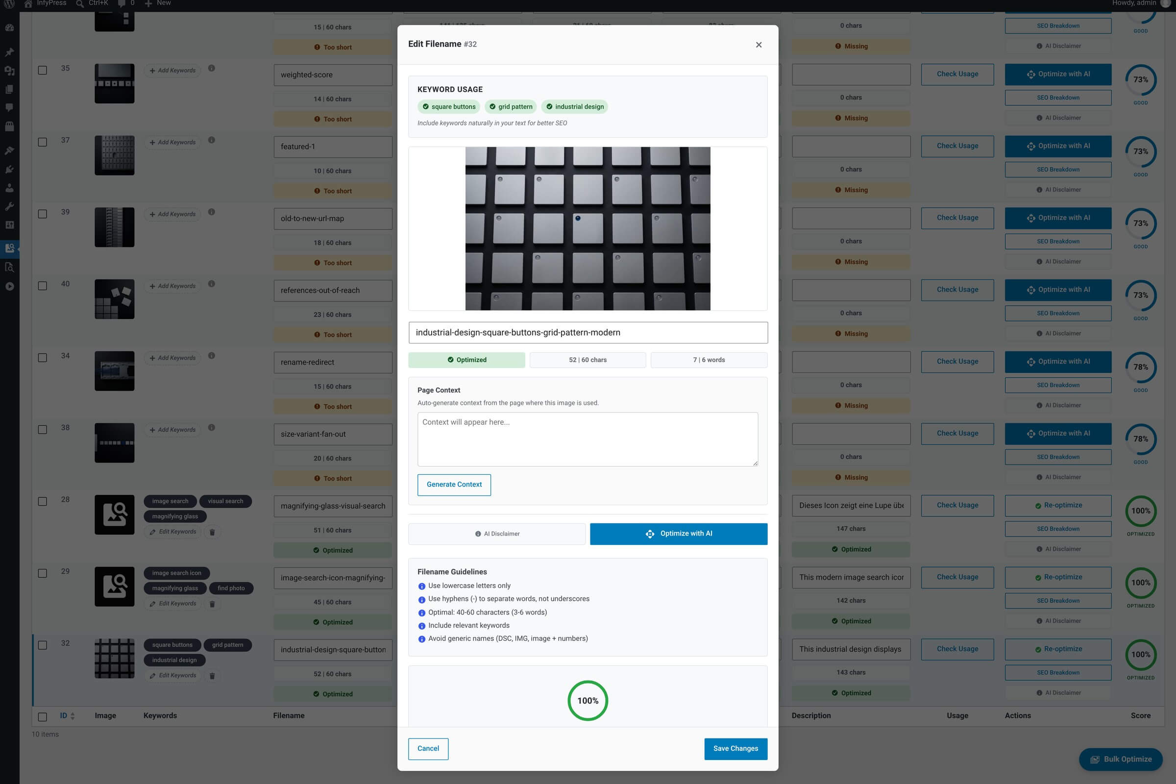 Filename editor modal: large image preview at top, text input below it, four metric circles (keywords usage, characters, words, format validation) underneath, then a large SEO score circle and Optimize with AI / Save / Cancel buttons.