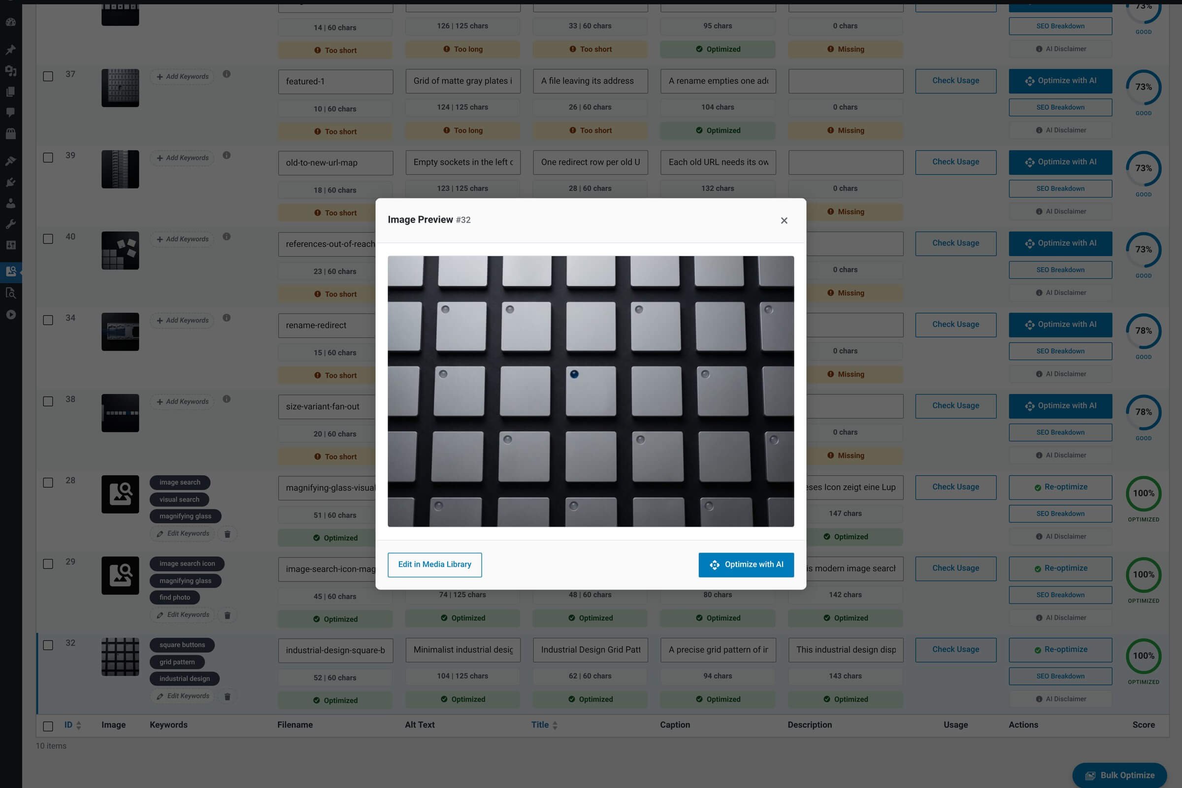 Image Preview lightbox showing the full-size image, the attachment ID badge in the corner, and two buttons at the bottom: Edit in Media Library, and Optimize with AI.