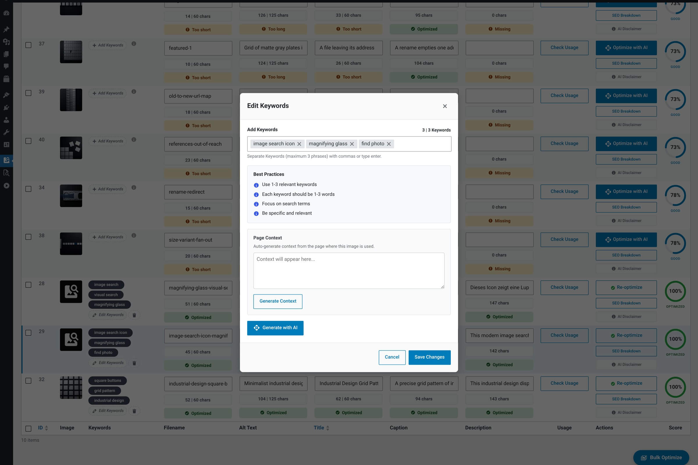 Keywords editor modal: at the top, a token input field with three existing keyword chips (each with an X to remove); below it, a counter showing 3 of 3 keywords used; a Generate with AI button; a Best Practices list; and Save / Cancel buttons.