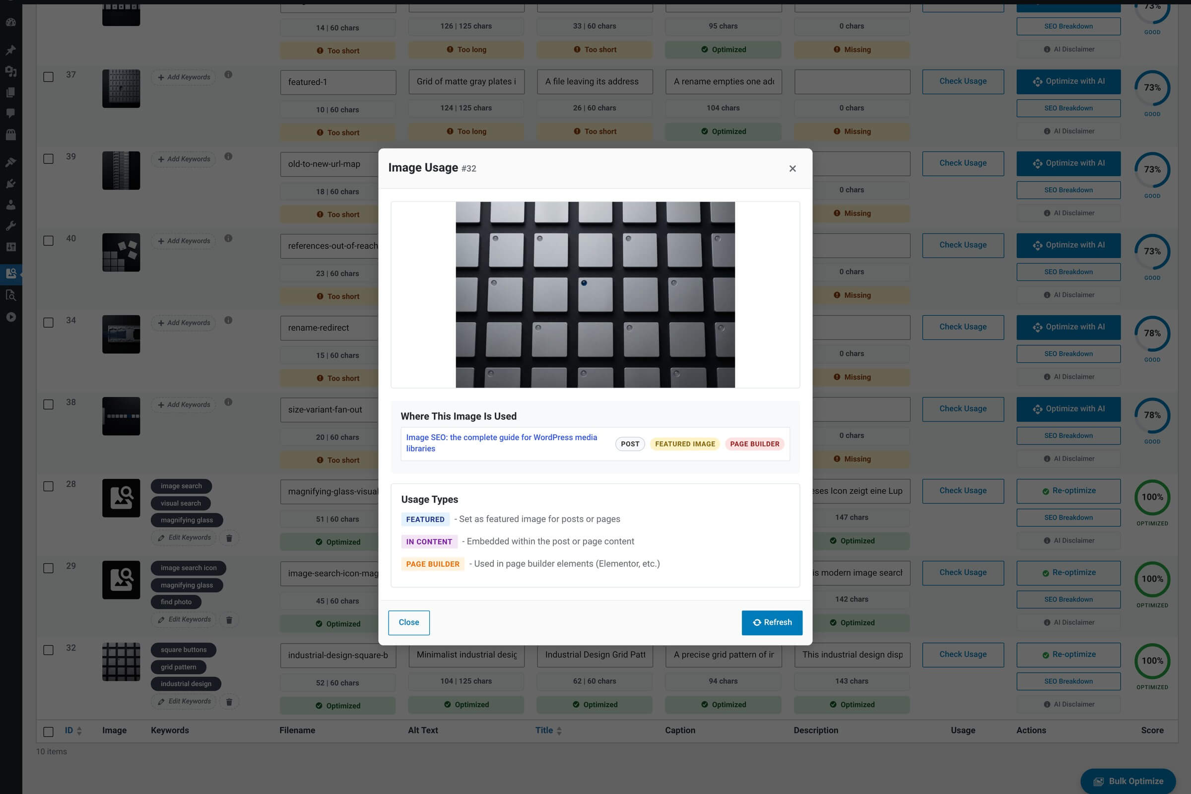 Image Usage modal: image preview at top, a list of posts and pages that reference the image, each tagged with a badge (Featured Image, In Content, or Page Builder), a Usage Types legend, and a Refresh button.