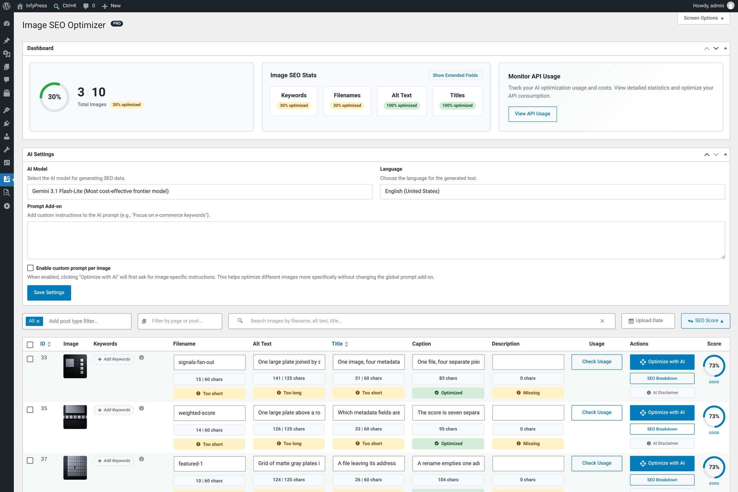 AI Settings metabox on the Image SEO dashboard, showing the AI Model dropdown with Anthropic, Google and OpenAI option groups, the Language dropdown, the Prompt Add-on textarea and the save button.