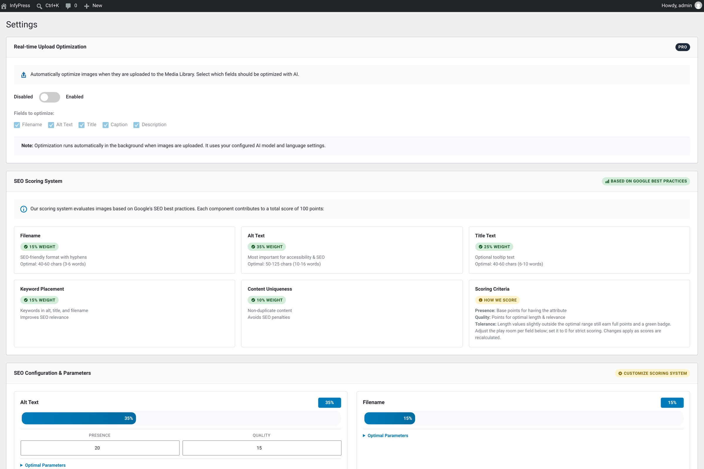 Real-time Upload Optimization settings card: at the top, a master toggle labelled Disabled / Enabled. Beneath it, five field checkboxes: Filename, Alt Text, Title, Caption, Description. The checkboxes are greyed out when the master toggle is off.