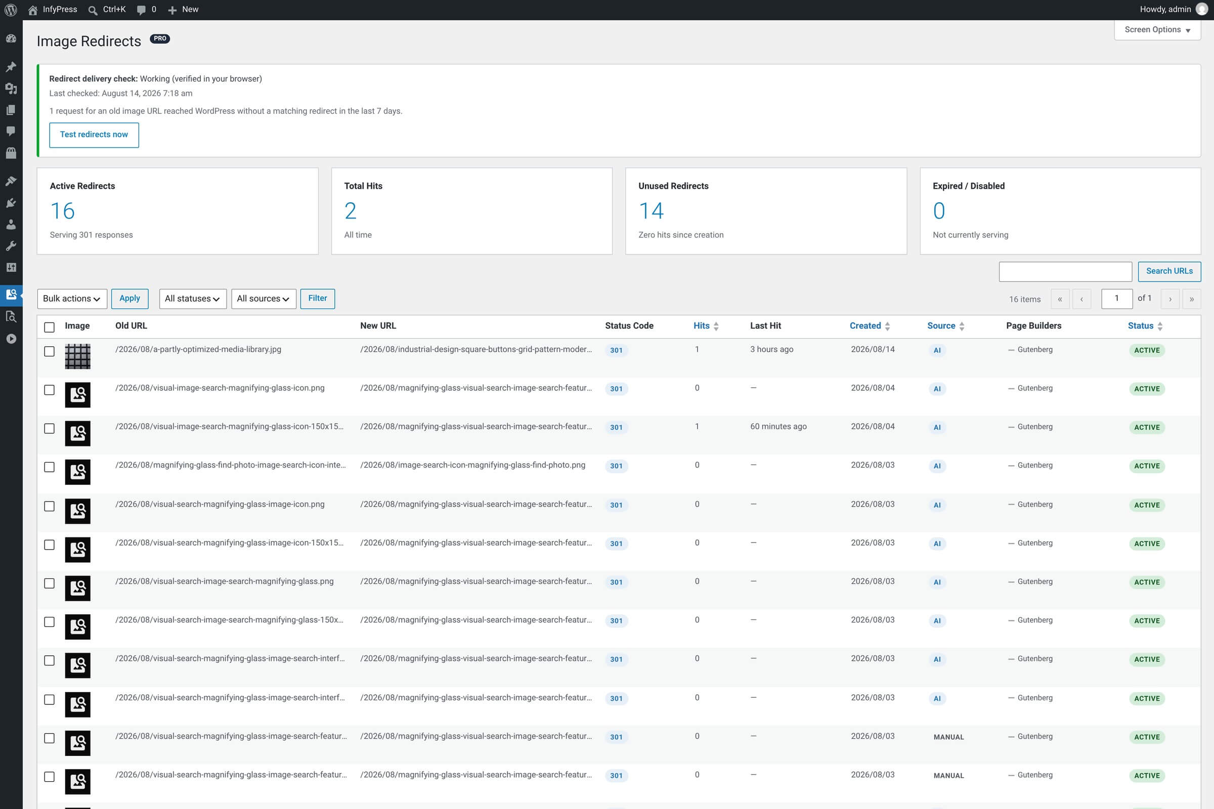 Redirects Manager page: four summary stat cards at top (Active Redirects, Total Hits, Unused Redirects, Expired/Disabled), then a list table below with columns for Image, Old URL, New URL, Status Code, Hits, Last Hit, Created, Source, Page Builders and Status.