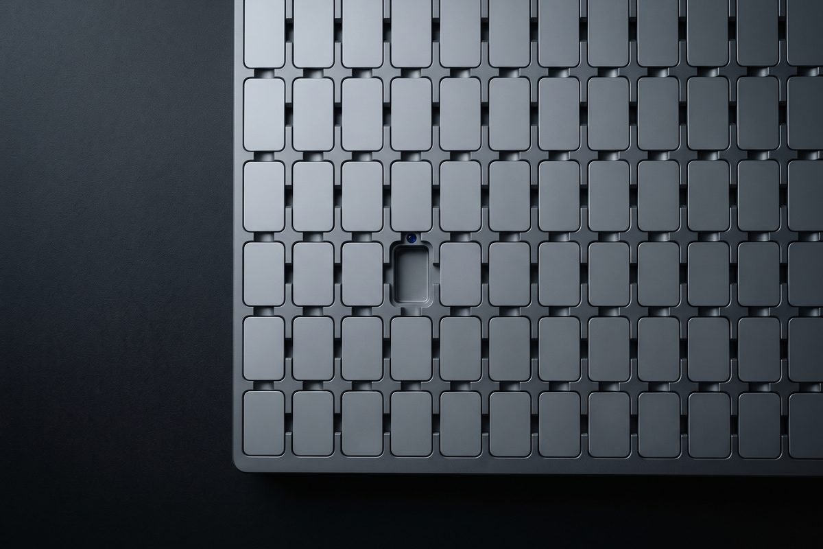 Grid of matte gray plates in a machined tray running past the frame edges, one slot empty with a single blue lens on its rim