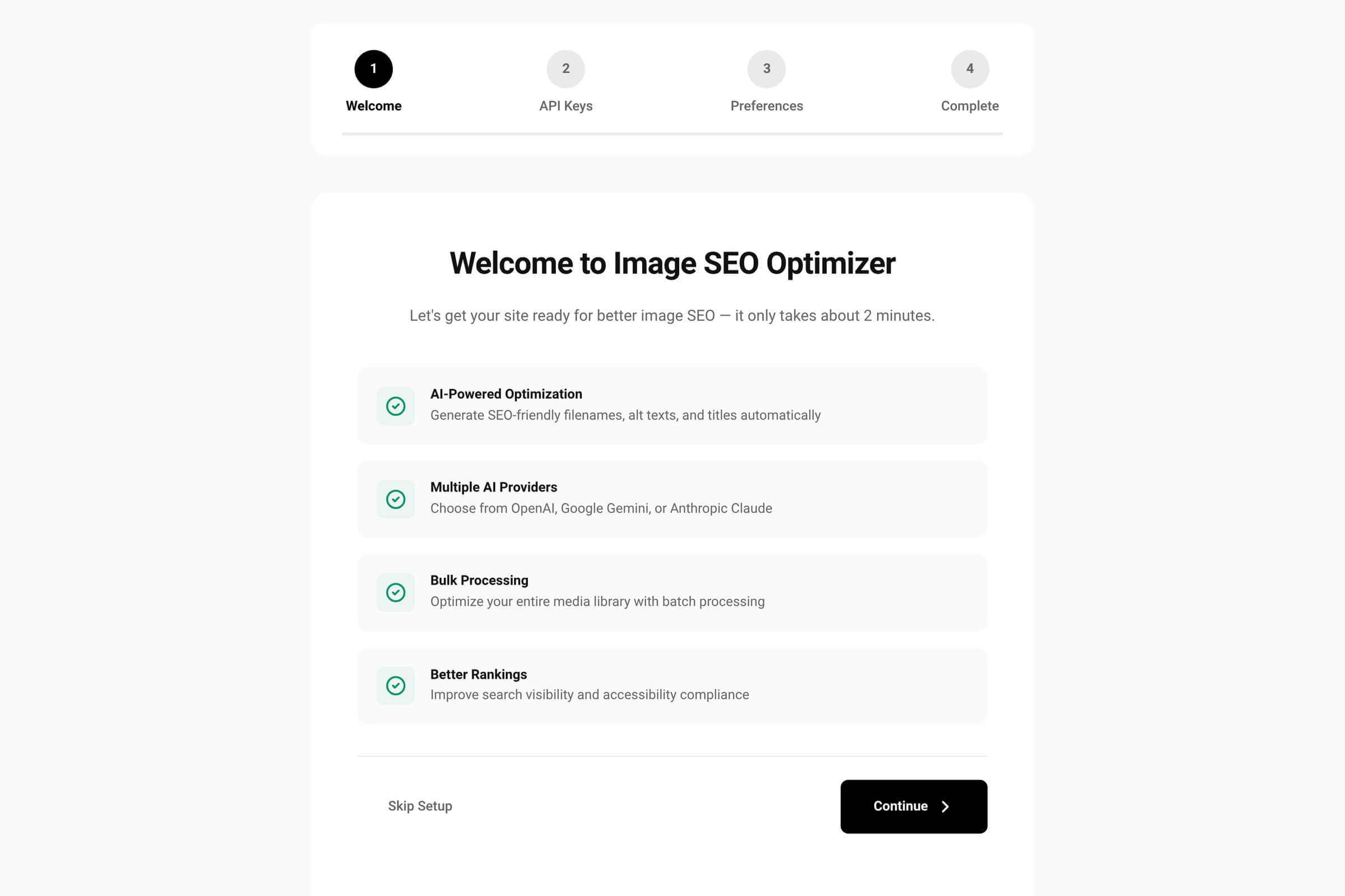 Setup wizard welcome screen with four feature items and the Continue and Skip Setup buttons