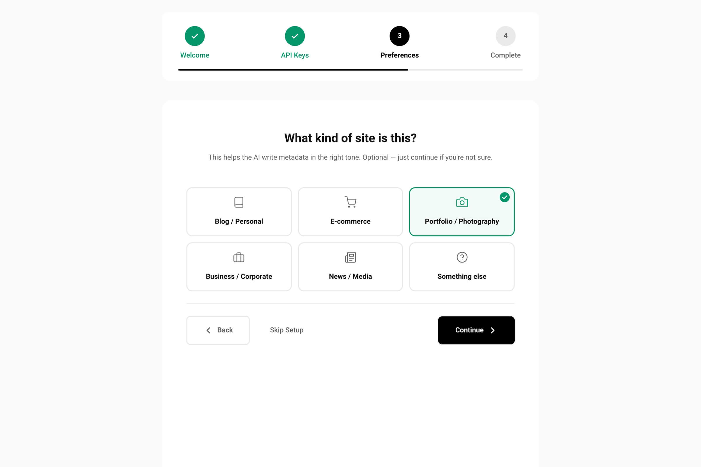 Preferences step showing six site-type cards, from Blog / Personal to Something else