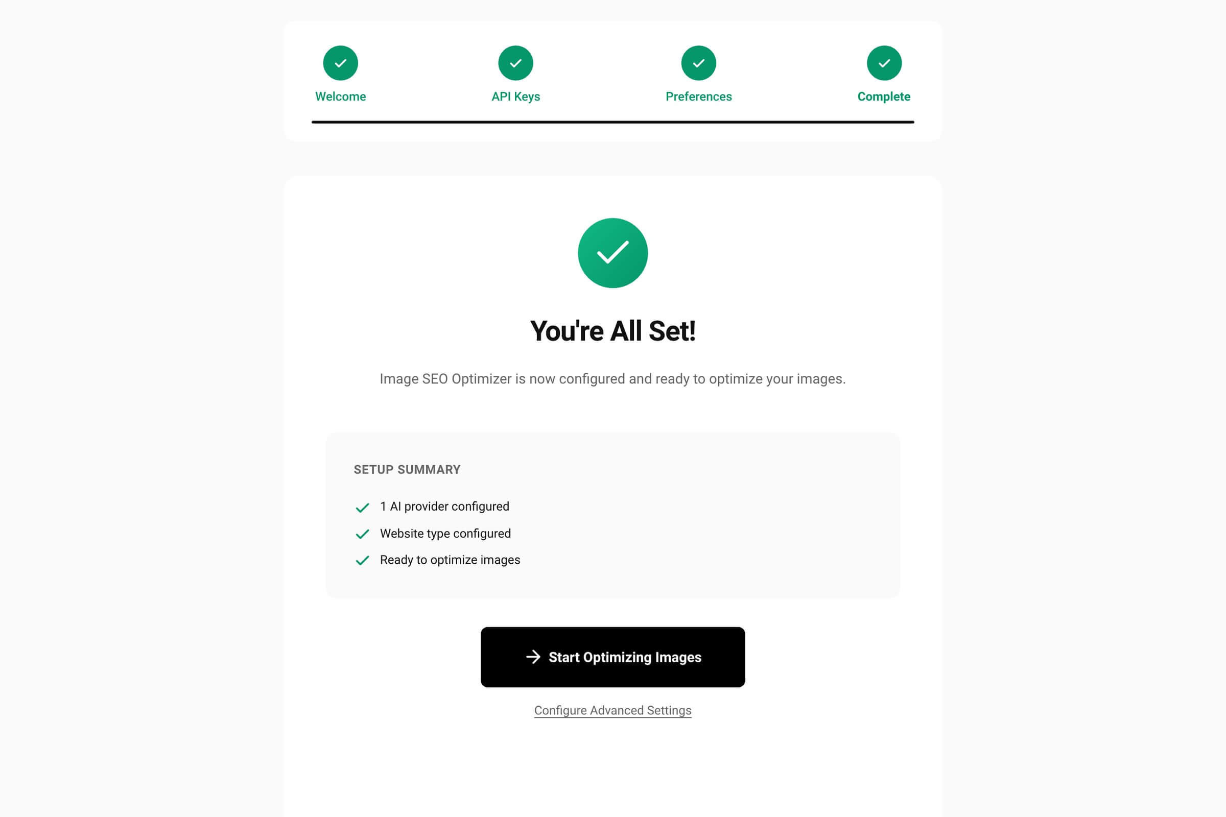 Complete screen with the setup summary and the Start Optimizing Images action