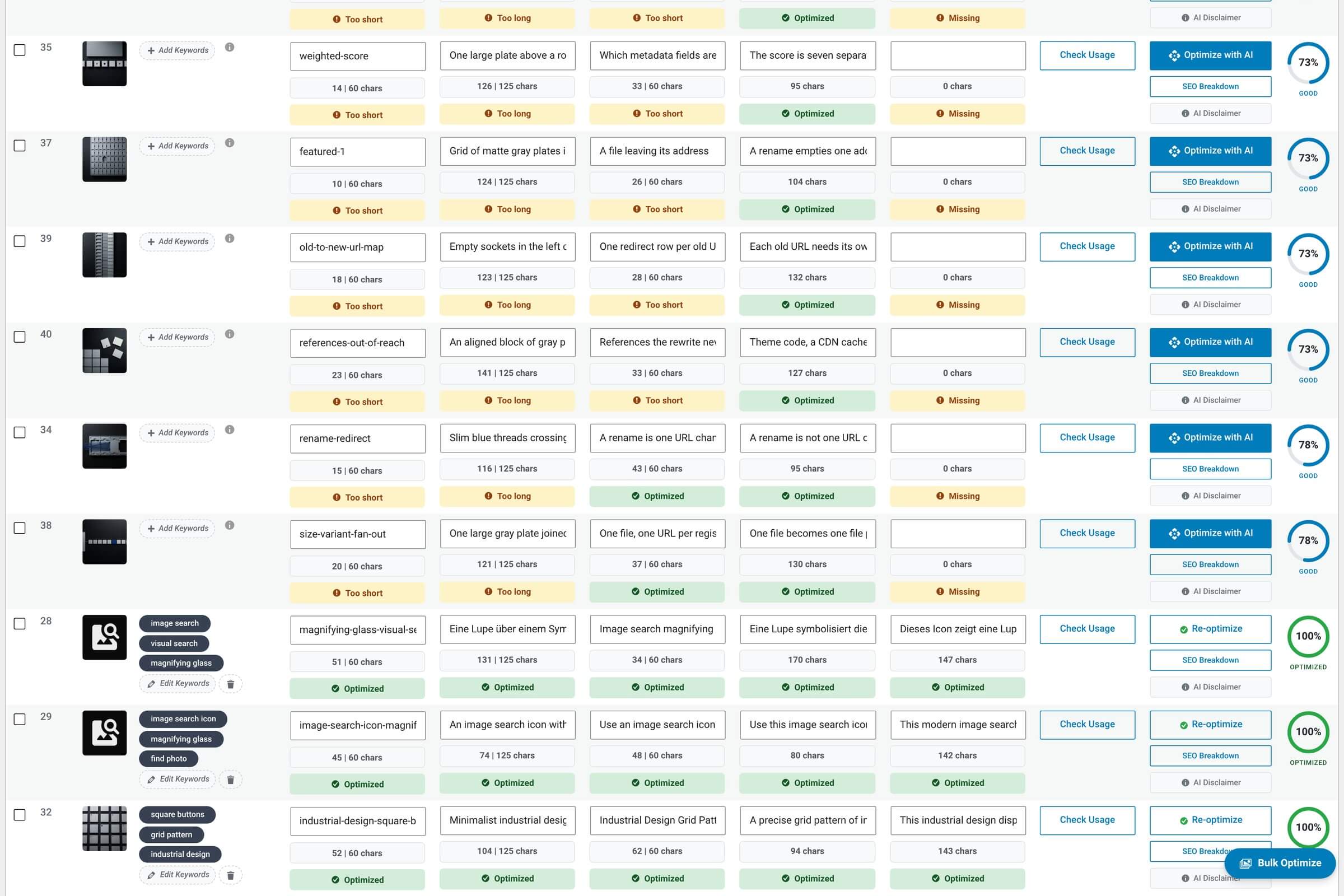 A row in the image table with the Optimize with AI button highlighted in the Actions column.